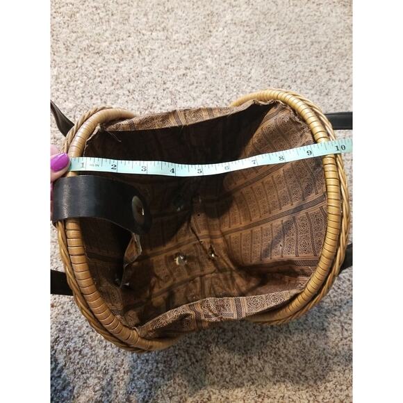 Vintage 1950's Tan Wicker Basket Purse‎ Handbag Weaved Clam Shape Black Handles - Picture 8 of 16